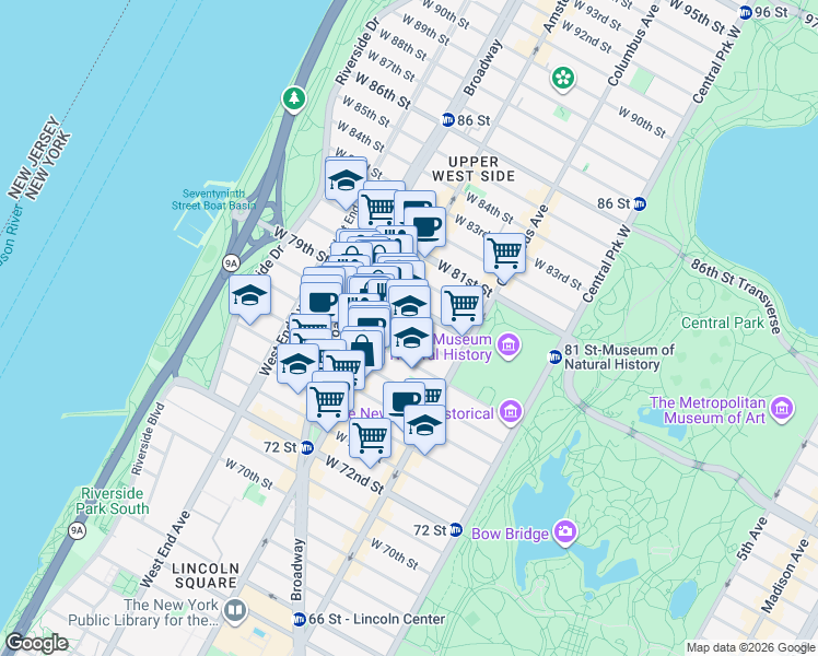 map of restaurants, bars, coffee shops, grocery stores, and more near 157 West 78th Street in New York