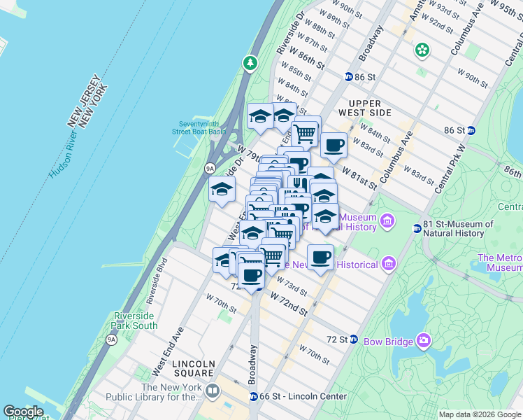 map of restaurants, bars, coffee shops, grocery stores, and more near 245 West 76th Street in New York