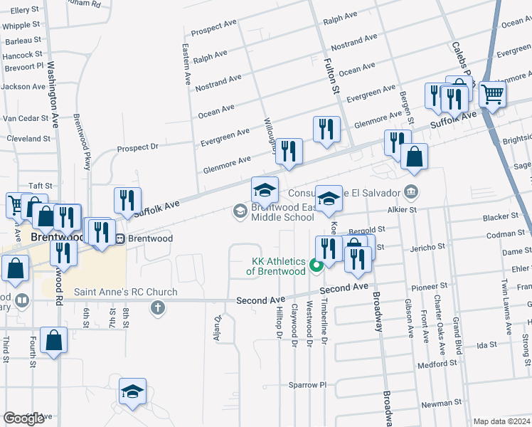 map of restaurants, bars, coffee shops, grocery stores, and more near 70 Hilltop Drive in Brentwood