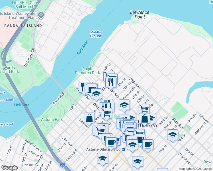 map of restaurants, bars, coffee shops, grocery stores, and more near 21st Street & 21st Avenue in Queens