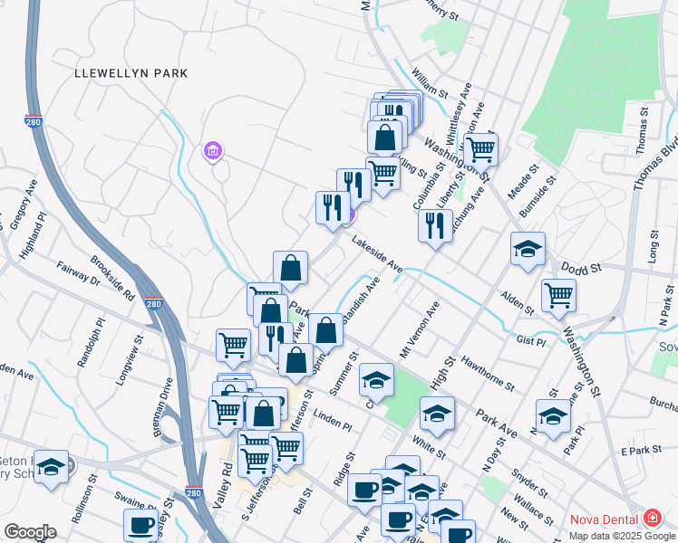 map of restaurants, bars, coffee shops, grocery stores, and more near 53 Ashland Avenue in West Orange