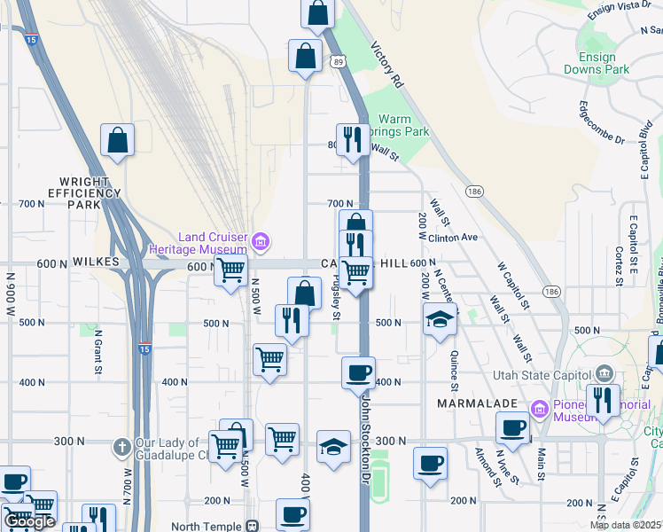map of restaurants, bars, coffee shops, grocery stores, and more near 359 600 North in Salt Lake City