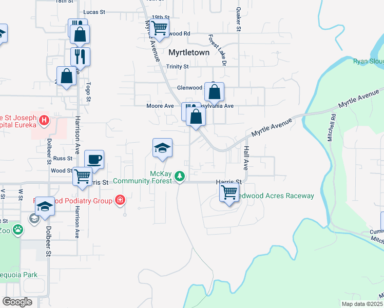 map of restaurants, bars, coffee shops, grocery stores, and more near 2827 Hubbard Ln in Eureka