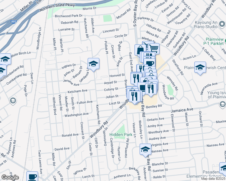 map of restaurants, bars, coffee shops, grocery stores, and more near 78 Pollok Place in Hicksville