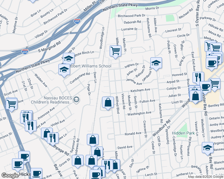 map of restaurants, bars, coffee shops, grocery stores, and more near 136 Miller Road in Hicksville