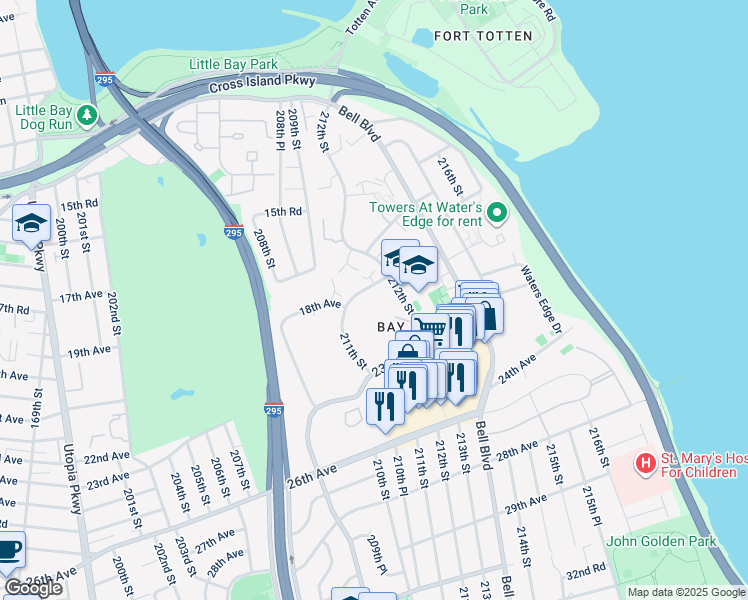 map of restaurants, bars, coffee shops, grocery stores, and more near 211-40 18th Avenue in Queens