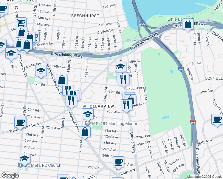 map of restaurants, bars, coffee shops, grocery stores, and more near 166-2 17th Road in Queens