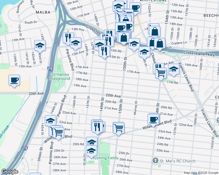 map of restaurants, bars, coffee shops, grocery stores, and more near 19-01 149th Street in Queens