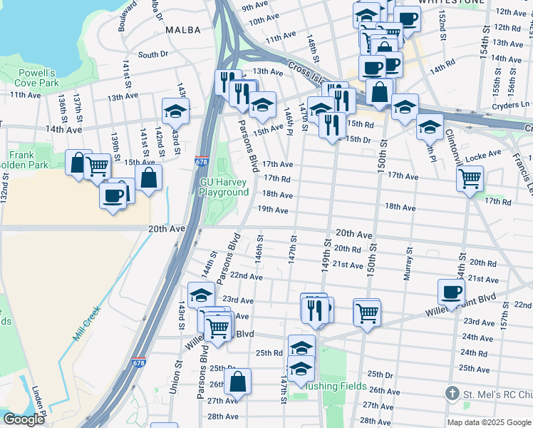 map of restaurants, bars, coffee shops, grocery stores, and more near 145-31 20th Avenue in Queens