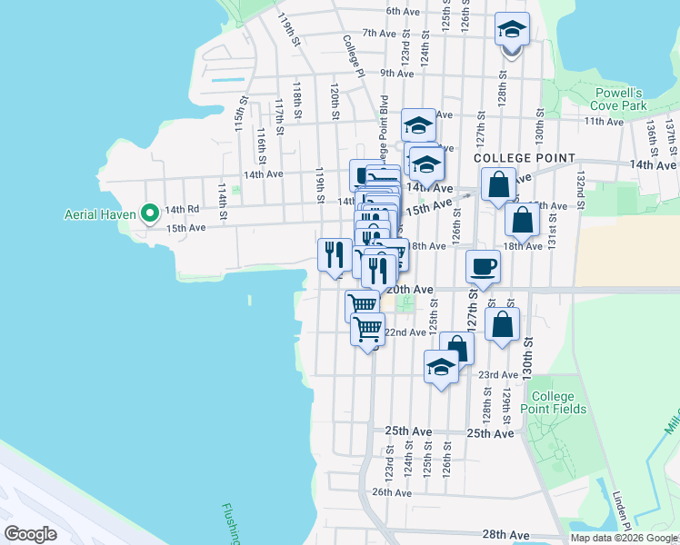 map of restaurants, bars, coffee shops, grocery stores, and more near 18-42 120th Street in Queens
