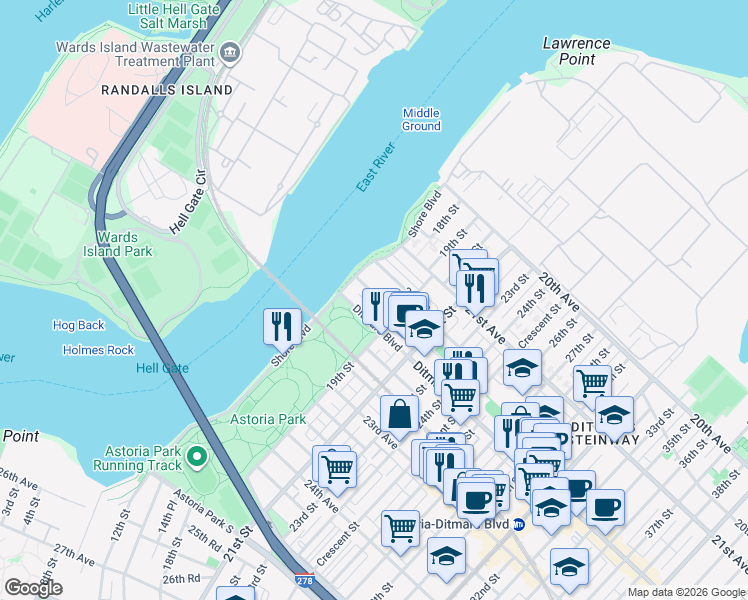map of restaurants, bars, coffee shops, grocery stores, and more near 18-37 Ditmars Boulevard in Queens