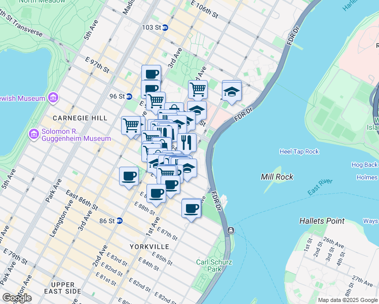 map of restaurants, bars, coffee shops, grocery stores, and more near in New York