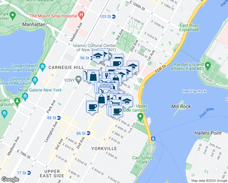 map of restaurants, bars, coffee shops, grocery stores, and more near 240 East 93rd Street in New York