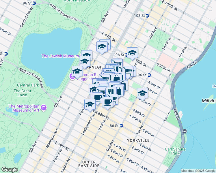 map of restaurants, bars, coffee shops, grocery stores, and more near 161 East 90th Street in New York