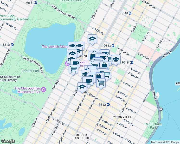 map of restaurants, bars, coffee shops, grocery stores, and more near 114 East 90th Street in New York