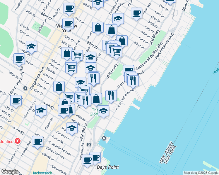 map of restaurants, bars, coffee shops, grocery stores, and more near 11 Port Imperial Boulevard in West New York