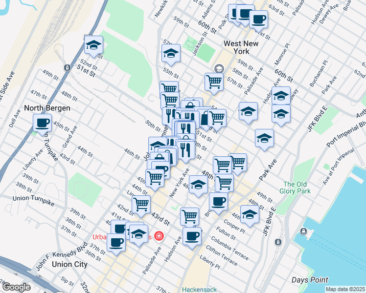 map of restaurants, bars, coffee shops, grocery stores, and more near 4811 Bergenline Avenue in Union City