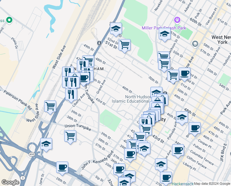 map of restaurants, bars, coffee shops, grocery stores, and more near 1410 44th Street in North Bergen