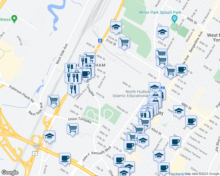 map of restaurants, bars, coffee shops, grocery stores, and more near 1410 44th Street in North Bergen