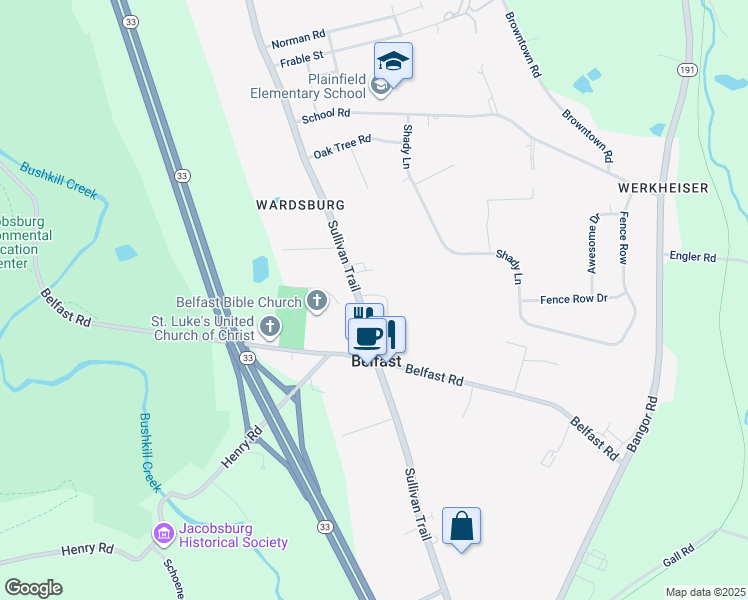 map of restaurants, bars, coffee shops, grocery stores, and more near 5902 Sullivan Trail in Nazareth