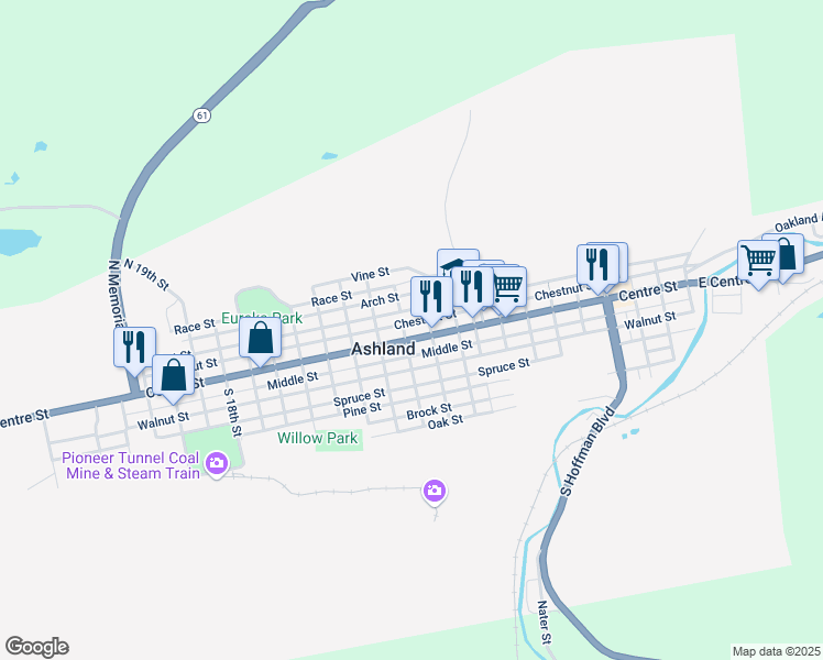 map of restaurants, bars, coffee shops, grocery stores, and more near 1031 Centre Street in Ashland