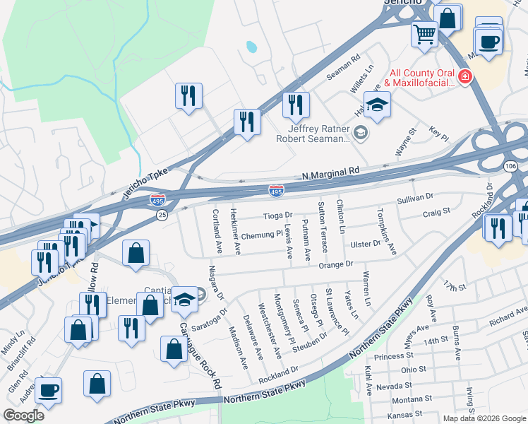 map of restaurants, bars, coffee shops, grocery stores, and more near 19 Tioga Drive in Jericho