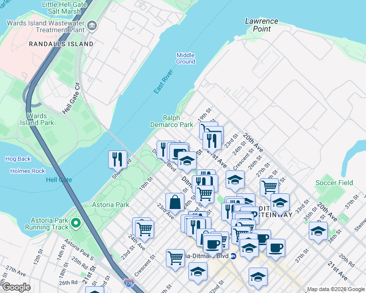 map of restaurants, bars, coffee shops, grocery stores, and more near 21-47 19th Street in Queens