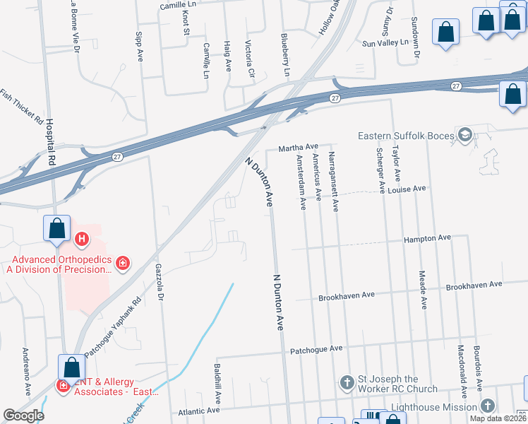 map of restaurants, bars, coffee shops, grocery stores, and more near 648 North Dunton Avenue in Patchogue