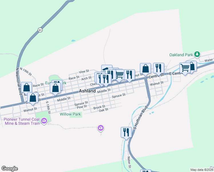 map of restaurants, bars, coffee shops, grocery stores, and more near 881 Centre Street in Ashland
