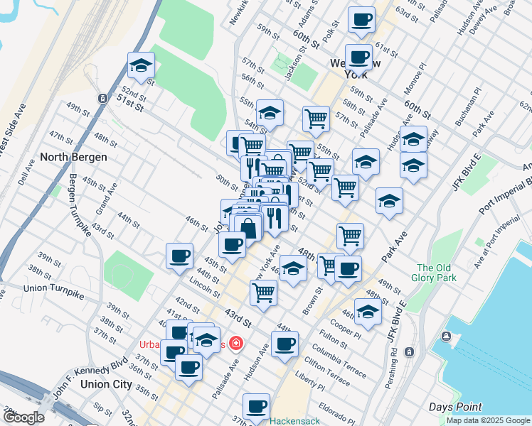map of restaurants, bars, coffee shops, grocery stores, and more near 4811 Bergenline Avenue in Union City