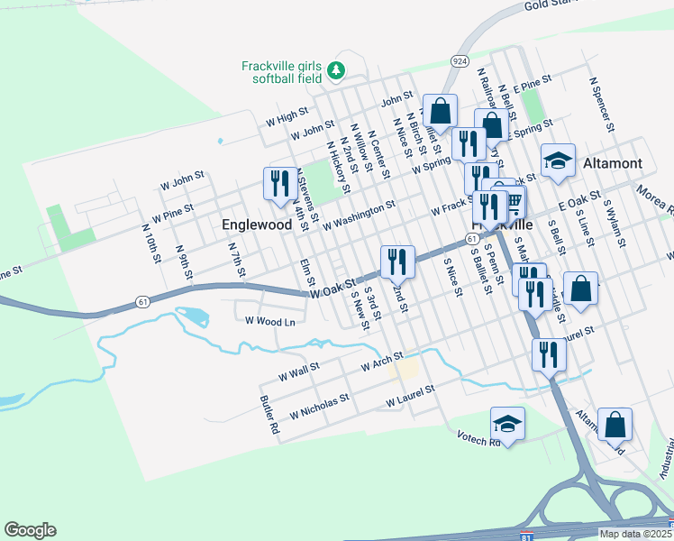 map of restaurants, bars, coffee shops, grocery stores, and more near 530 West Morris Street in Frackville