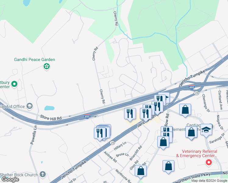 map of restaurants, bars, coffee shops, grocery stores, and more near 39 Carriage Court in Jericho