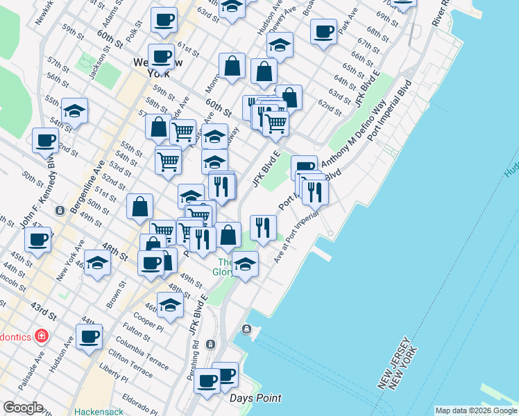 map of restaurants, bars, coffee shops, grocery stores, and more near 11 Port Imperial Boulevard in West New York