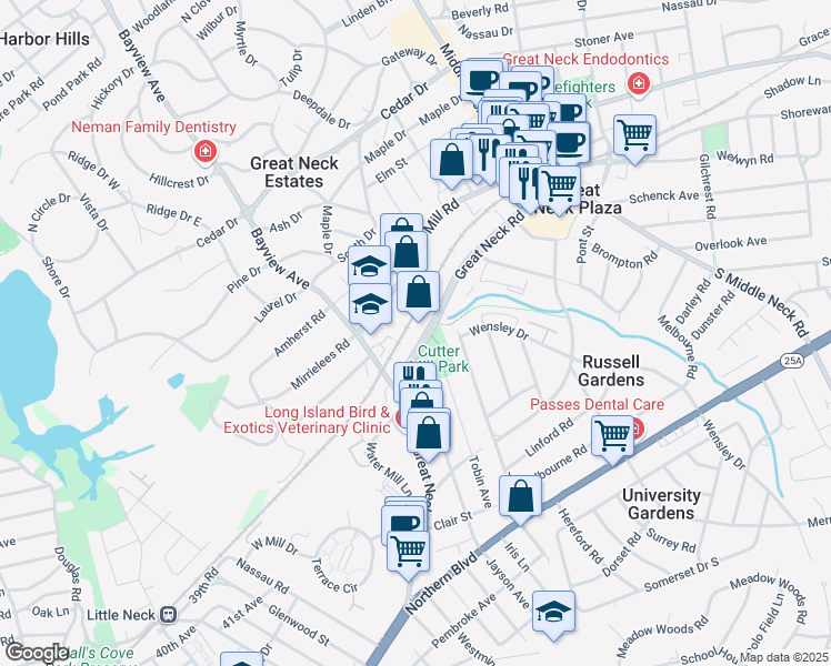 map of restaurants, bars, coffee shops, grocery stores, and more near 237 Great Neck Road in Great Neck