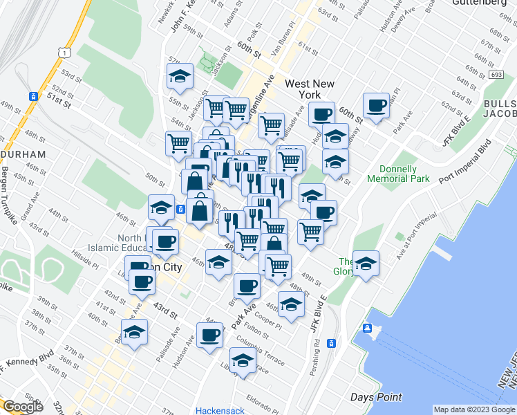 map of restaurants, bars, coffee shops, grocery stores, and more near 318 51st Street in West New York