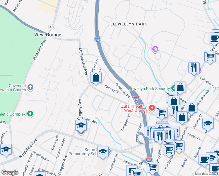map of restaurants, bars, coffee shops, grocery stores, and more near 26 Fairway Drive in West Orange