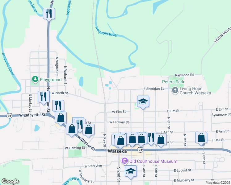 map of restaurants, bars, coffee shops, grocery stores, and more near 515 North 2nd Street in Watseka