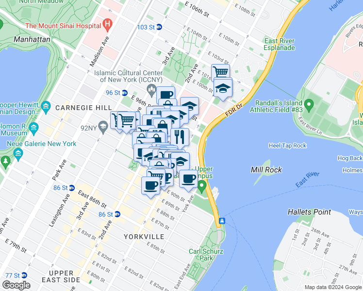 map of restaurants, bars, coffee shops, grocery stores, and more near 345 East 94th Street in New York