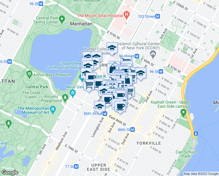 map of restaurants, bars, coffee shops, grocery stores, and more near 114 East 90th Street in New York
