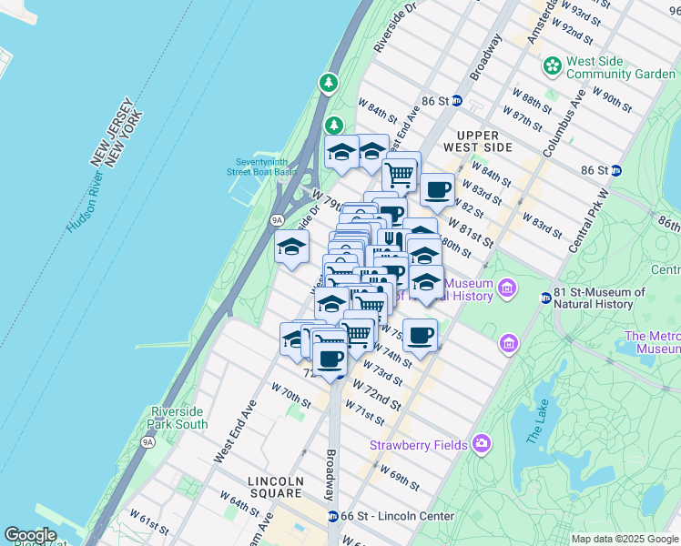 map of restaurants, bars, coffee shops, grocery stores, and more near 249 West 76th Street in New York