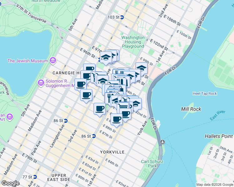 map of restaurants, bars, coffee shops, grocery stores, and more near 2nd Ave & E 93rd St in New York
