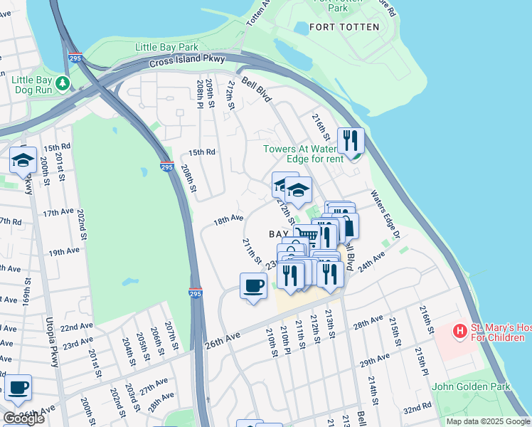 map of restaurants, bars, coffee shops, grocery stores, and more near 211-40 18th Avenue in Queens
