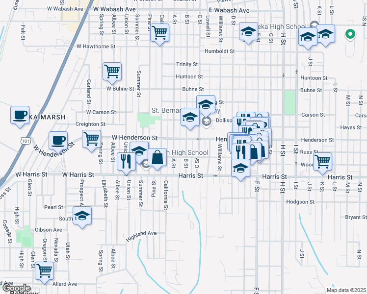 map of restaurants, bars, coffee shops, grocery stores, and more near 2826 B Street in Eureka