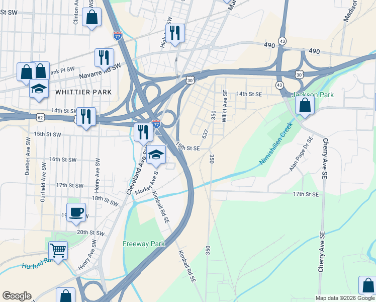 map of restaurants, bars, coffee shops, grocery stores, and more near 206 15th Street Southeast in Canton