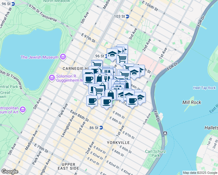 map of restaurants, bars, coffee shops, grocery stores, and more near 220 East 92nd Street in New York