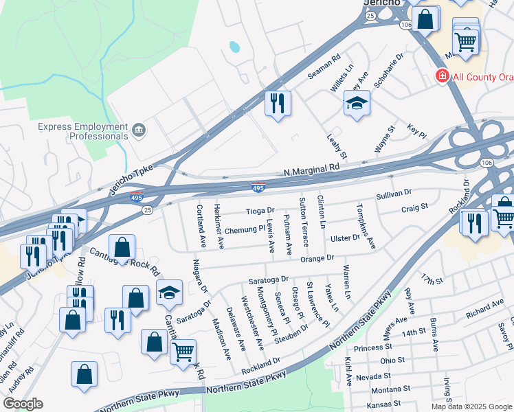 map of restaurants, bars, coffee shops, grocery stores, and more near 19 Tioga Drive in Jericho