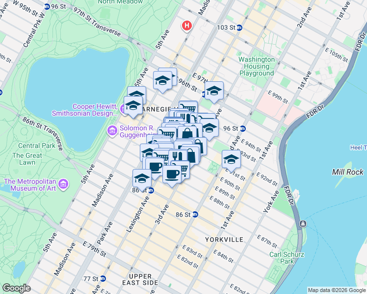 map of restaurants, bars, coffee shops, grocery stores, and more near 161 East 90th Street in New York