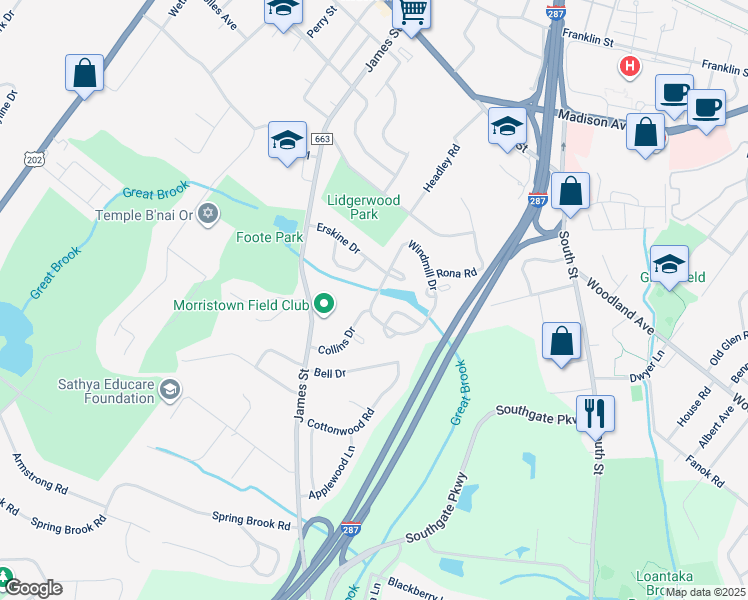 map of restaurants, bars, coffee shops, grocery stores, and more near 33 Windmill Drive in Morristown