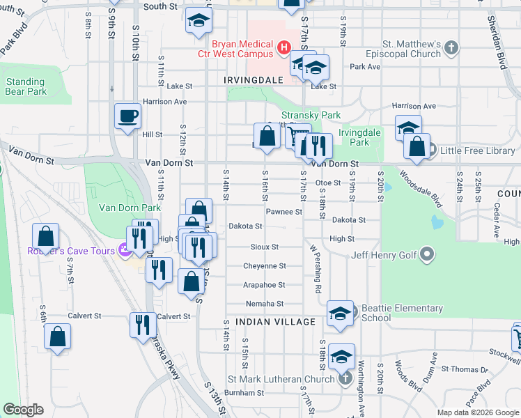 map of restaurants, bars, coffee shops, grocery stores, and more near 1601 Pawnee Street in Lincoln