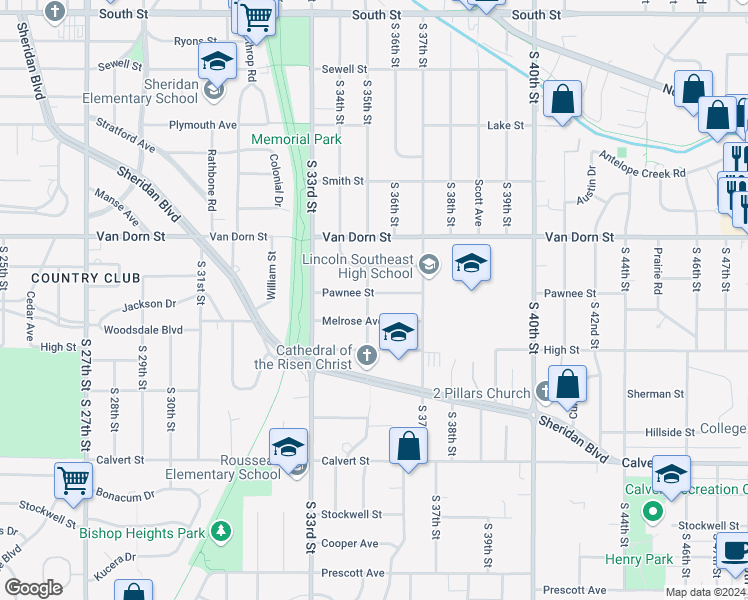 map of restaurants, bars, coffee shops, grocery stores, and more near 3002 South 35th Street in Lincoln